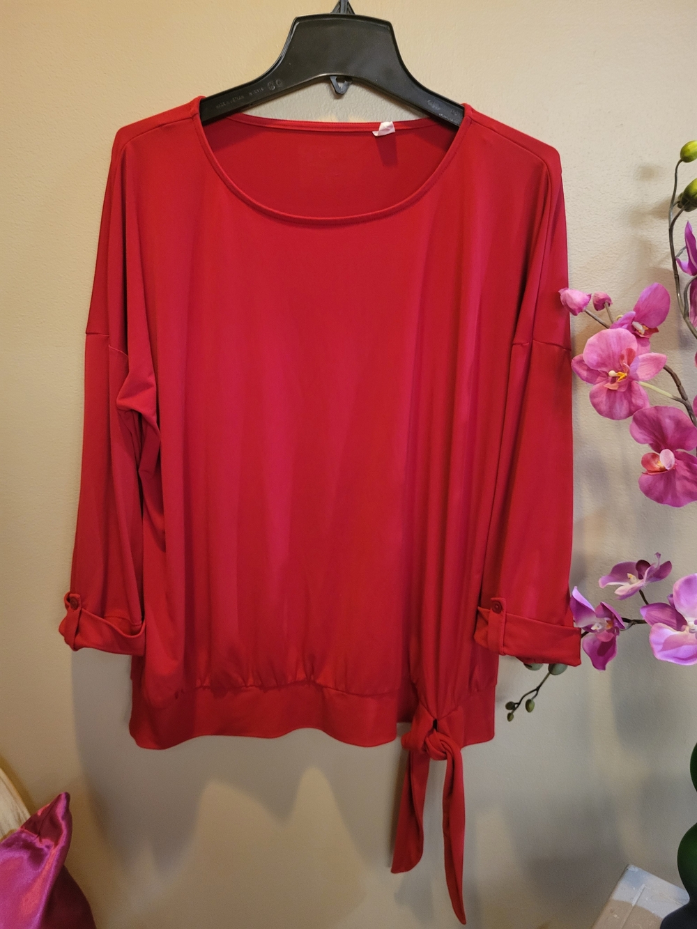 Chico's Bright Red Tie-Hem Roll-Sleeve Blouse